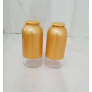 TUPPERWARE Tabletop Salt and Pepper Shakers Set Clear w/Atomic Gold #2314 Used